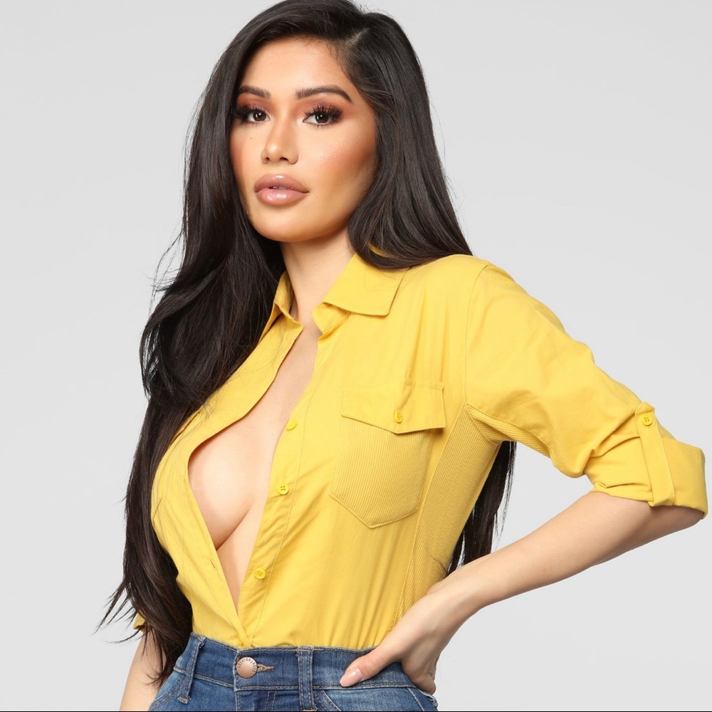 Yellow button down shirt